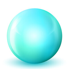 Glass blue ball or precious pearl. Glossy realistic ball, 3D abstract vector illustration highlighted on a white background. Big metal bubble with shadow.