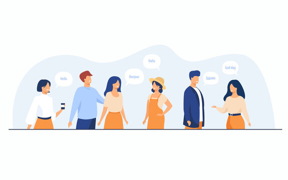 Group of happy young international students speaking different languages. Various native speakers greeting each other with speech bubbles. Foreign languages and multicultural communication concept