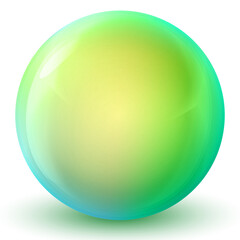 Glass green ball or precious pearl. Glossy realistic ball, 3D abstract vector illustration highlighted on a white background. Big metal bubble with shadow.