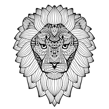 Lion. Sketchy, graphical portrait of a lion's head on a white background. Vector Black and White King Lion Illustration