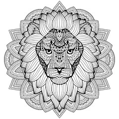 Lion head on an abstract background. An adult lion is drawn by hand. Ethnic plant pattern. Anti-stress coloring. Psychedelic drawing illustration.