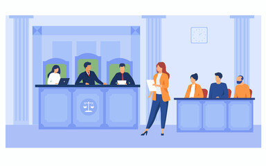 Attorney pleading in court. Lawyer woman speaking in courtroom, reading from notes, addressing judge and jury box. Vector illustration for courthouse, trial, law, judgment, justice concept