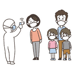 非接触体温計で体温を測る家族のイラスト