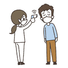 非接触体温計で体温を測る男性のイラスト