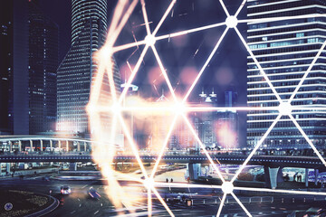 Multi exposure of social network theme drawing and cityscape background. Concept of people connecton.