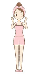 ガッツポーズで喜ぶルームウエア女性 ウィンク