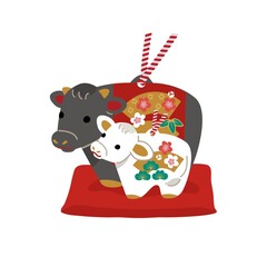 2021年　年賀状　丑年　土鈴　牛　親子
