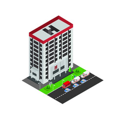 Hospital Isometric left view with Fire Truck Ambulance Truck
