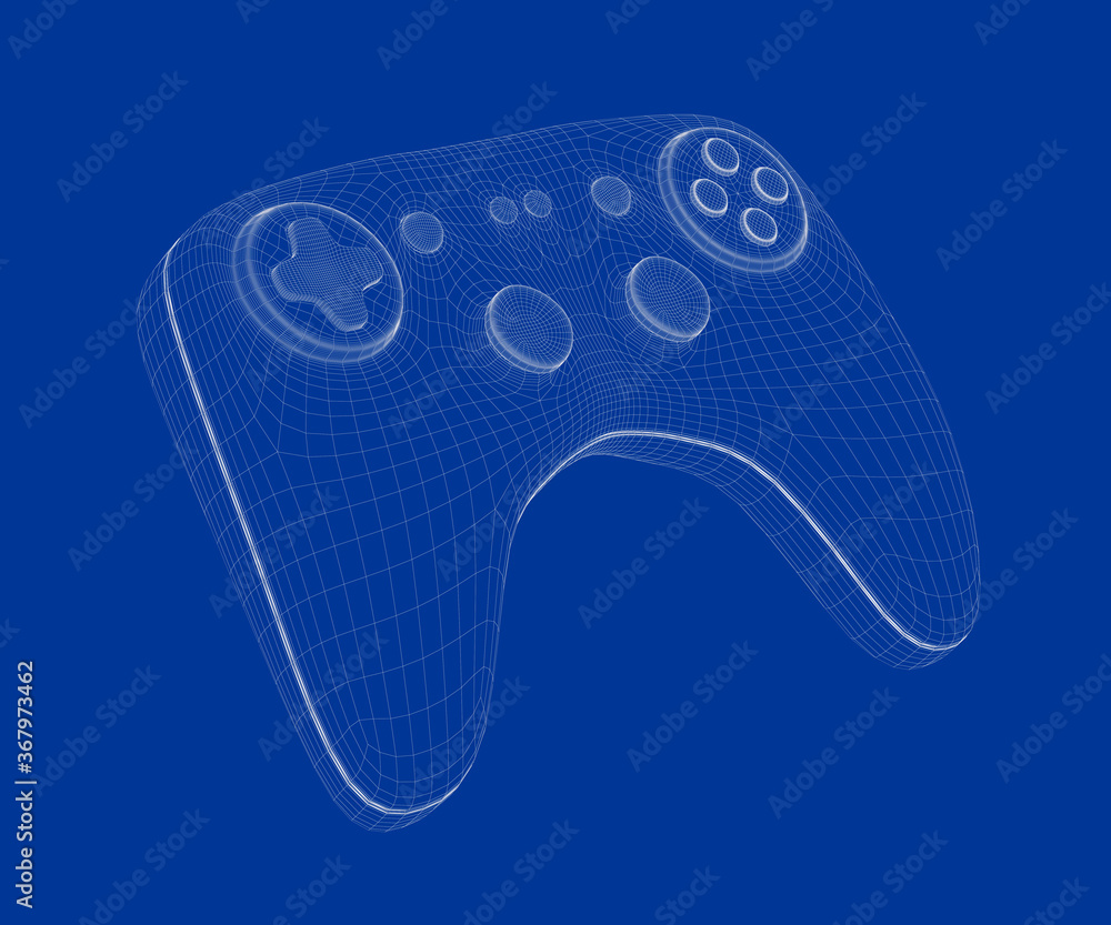 Wall mural 3d wire-frame model of game controller on blue background