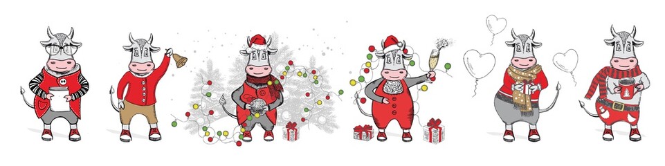 Year of the bull 2021. New year illustration. Hand drawn vector.	