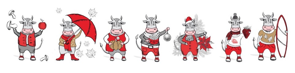 Year of the bull 2021. New year illustration. Hand drawn vector.	