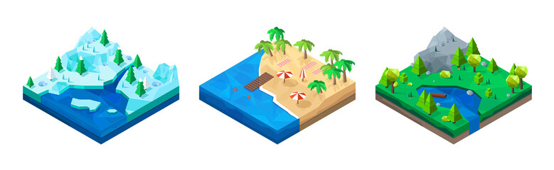 Set of isometric low poly landscapes isolated. 3d illustration.