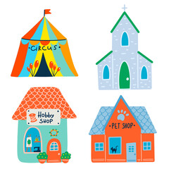 Flat illustration of buildings. Circus, church, hobby shop, pet shop.