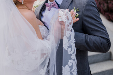 groom with bride on the stairs in the park