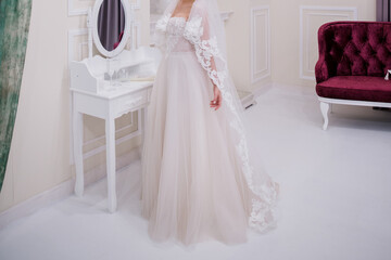 Fototapeta na wymiar bride in peignoir and with a veil in the studio