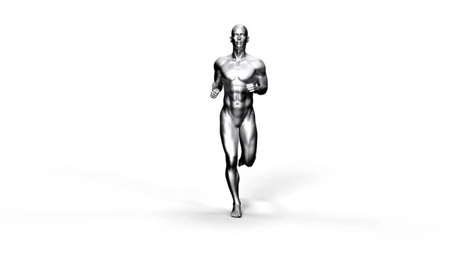 3D Rendering : a running male character with silver skin texture with white background