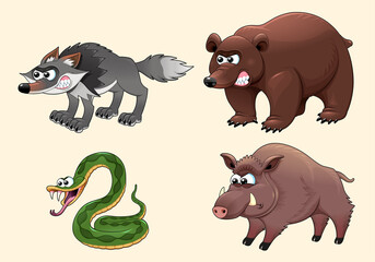 Funny angry forest animals. Cartoon vector characters for children and games.
