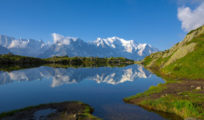 Fototapeta na wymiar Mont Blanc reflection on the Lac de Cheserys 