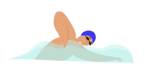 Obraz na płótnie Canvas Swimming sport flat vector illustration. A guy in a swimming cap and glasses swims in the pool, sports exercises, training, game. Championship, Competition, Sports types concept.