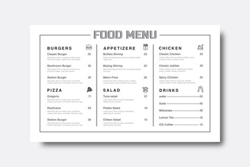 Minimalist food menu design for restaurant