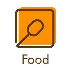 Concepto restaurante. Logotipo lineal cuchara en cuadrado en color naranja con texto Food