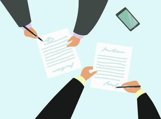 Contract Sign Up flat vector illustration. Success deal, partnership, agreement concept. Two people, a businessman, a worker and an employer, sign a cooperation agreement, contact, top view.