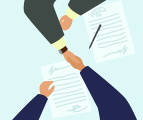 Contract Sign Up flat vector illustration. Success deal, partnership, agreement concept. Two people, a businessman, a worker and an employer, fasten signing a contract with a handshake, top view.
