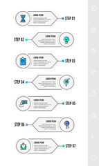 Vector circle infographics with 7 arrows. Seven step line template. Used for diagram, web, workflow layout, flowchart, info graph, timeline, content, chart, processes diagram. Data visualization.