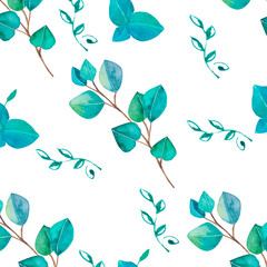 Watercolor hand painted bouquet with green eucalyptus leaves and pink flowers. Spring or summer flowers for invitation, greeting card.