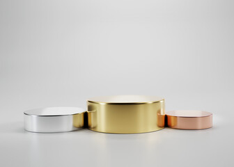 3D Illustration of winner, second, thirth place stage or product stand. Realistic, template, mockup isolated on white background.