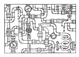 Plexus of the hydraulic tube. Hydro pattern. Sketch doodle vector illustration. Black and white background. Water supply networks. Pipeline. Pipe system. Illustration isolated on white background.