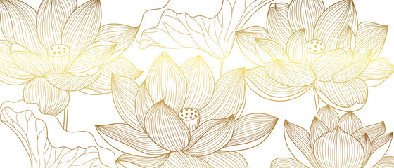 Luxustapetendesign mit goldenem Lotus und natürlichem Hintergrund. Lotus Line Arts Design für Stoff, Drucke und Hintergrundtextur, Vektorillustration.