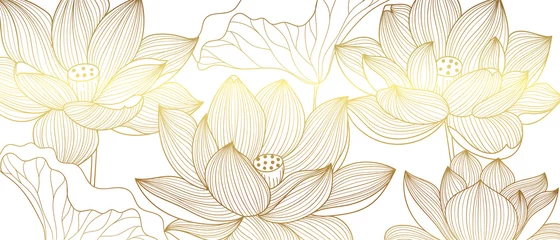 Fototapete Büro Luxustapetendesign mit goldenem Lotus und natürlichem Hintergrund. Lotus Line Arts Design für Stoff, Drucke und Hintergrundtextur, Vektorillustration.