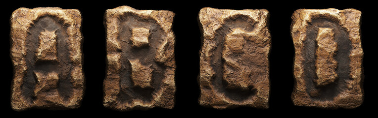 Set of rocky letters A, B, C, D. Font of stone on black background. 3d