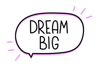 Dream big inscription. Handwritten lettering banner. Black vector text in speech bubble. Simple outline marker style. Imitation of conversation