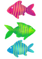 
Pink, green and blue fish on a white isolated background. Vivid digital illustration. Cute illustration for the decor and design of posters, postcards, prints, stickers, invitations, textiles.