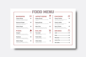 Minimalist food menu design for restaurant