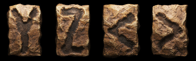 Set of rocky letters Y, Z. and symbol left, right angle bracket. Font of stone on black background. 3d