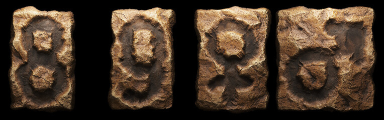 Set of rocky numbers 8, 9 and symbols female, male . Font of stone on black background. 3d