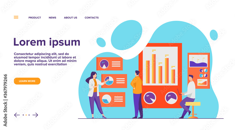 Poster office workers analyzing and researching business data vector illustration. marketing analysts devel