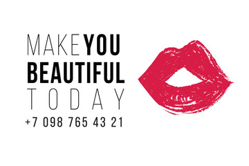 Red lips illustration. Makeup artist t-shirt design and business card concept. Hand drawn graphic vector fashion illustration in watercolor style. Black and red art on white background