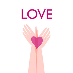 Hands together hold the heart. Wedding love symbol, Valentine's Day. Invitation, greeting card, banner, logo.