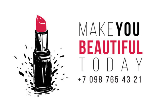 Red lipstick fashion illustration. Makeup artist logo, t-shirt design and business card concept. Hand drawn graphic vector fashion illustration in watercolor style. Black art on white background