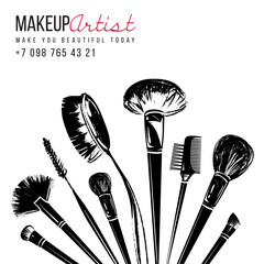 Makeup brushes bouquet. Makeup artist tools logo, t-shirt design and business card concept. Hand drawn graphic vector fashion illustration in watercolor style. Black art on white background