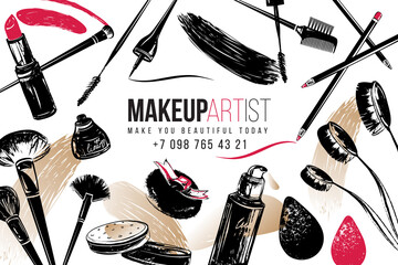 Professional makeup artist business background. Black fashion illustration on white backdrop. Hand drawn art in watercolor style.