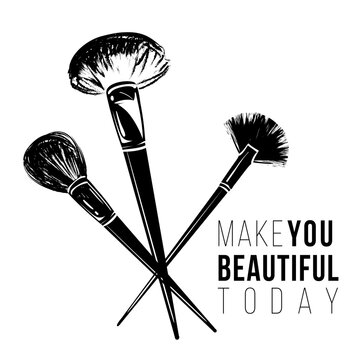 Stylish greeting card with powder brushes and make you beautiful today text. Professional makeup artist background. Black fashion illustration on white background. Hand drawn art in watercolor style