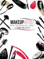Professional makeup artist business card and banner background. Black fashion illustration on white backdrop. Hand drawn art in watercolor style.