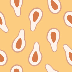 Avocado seamless pattern on yellow background in pastel colors, hand drawn tropical plants on isolated vector illustration.