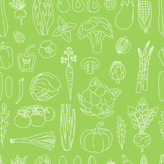 Seamless pattern of outline vegetables on a green background in doodle style. Bundle of hand drawn fresh vegetarian food, with white contour. Simple art objects. Vector illustration, isolated