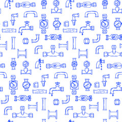 Water supply networks. Sketch doodle hand drawn seamless pattern. Vector illustration. Games, Technology and Steam punk pattern. Hydro background. Plexus of the hydraulic tube.